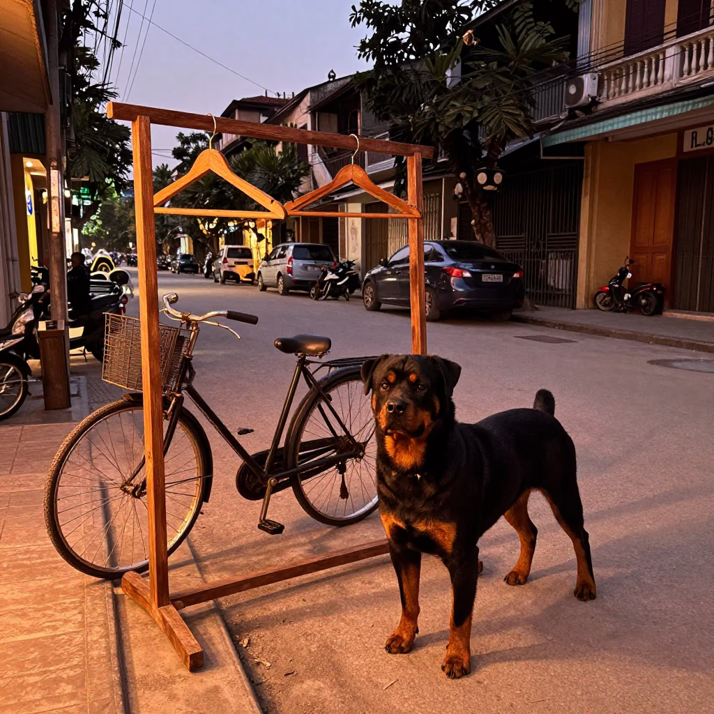 Hanoi Vietnam Street Scene Before Dusk with Rottweiler and Wooden Hanger in in Hanoi, Vietnam