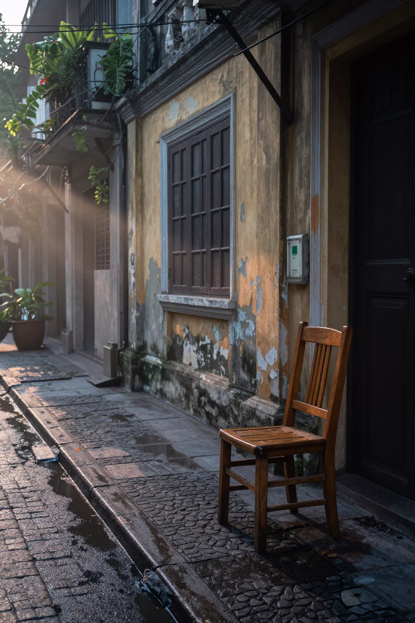 Hanoi Vietnam Street Scene Before Sunrise With Wooden Chair And Morning Mist in in Hanoi, Vietnam