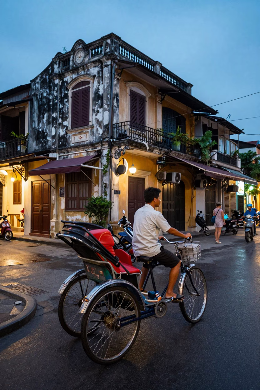 Hanoi Vietnam Street Scene Blue Hour Rickshaw Rider Waiting Near Old Quarter in in Hanoi, Vietnam
