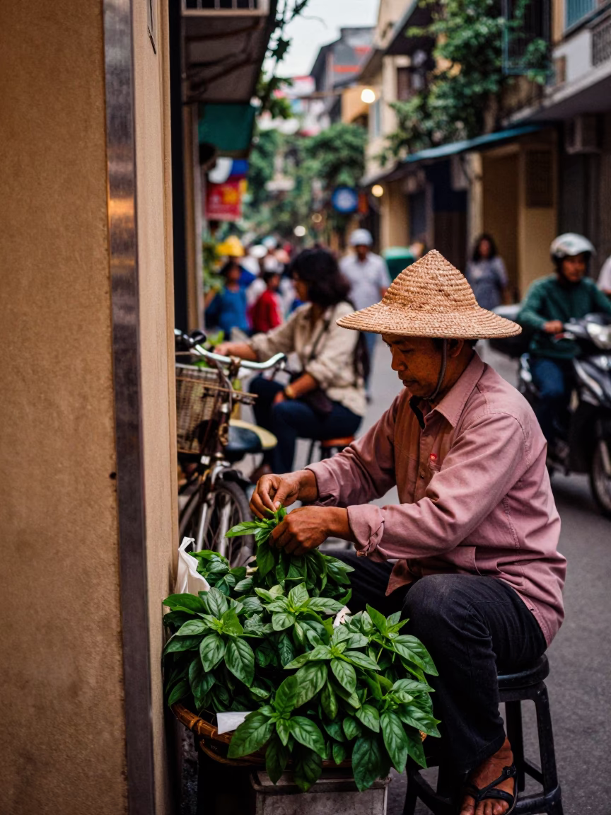 Hanoi Vietnam Street Scene Copper Dusk Light Basil Leaves and Brushed Steel Edge in in Hanoi, Vietnam