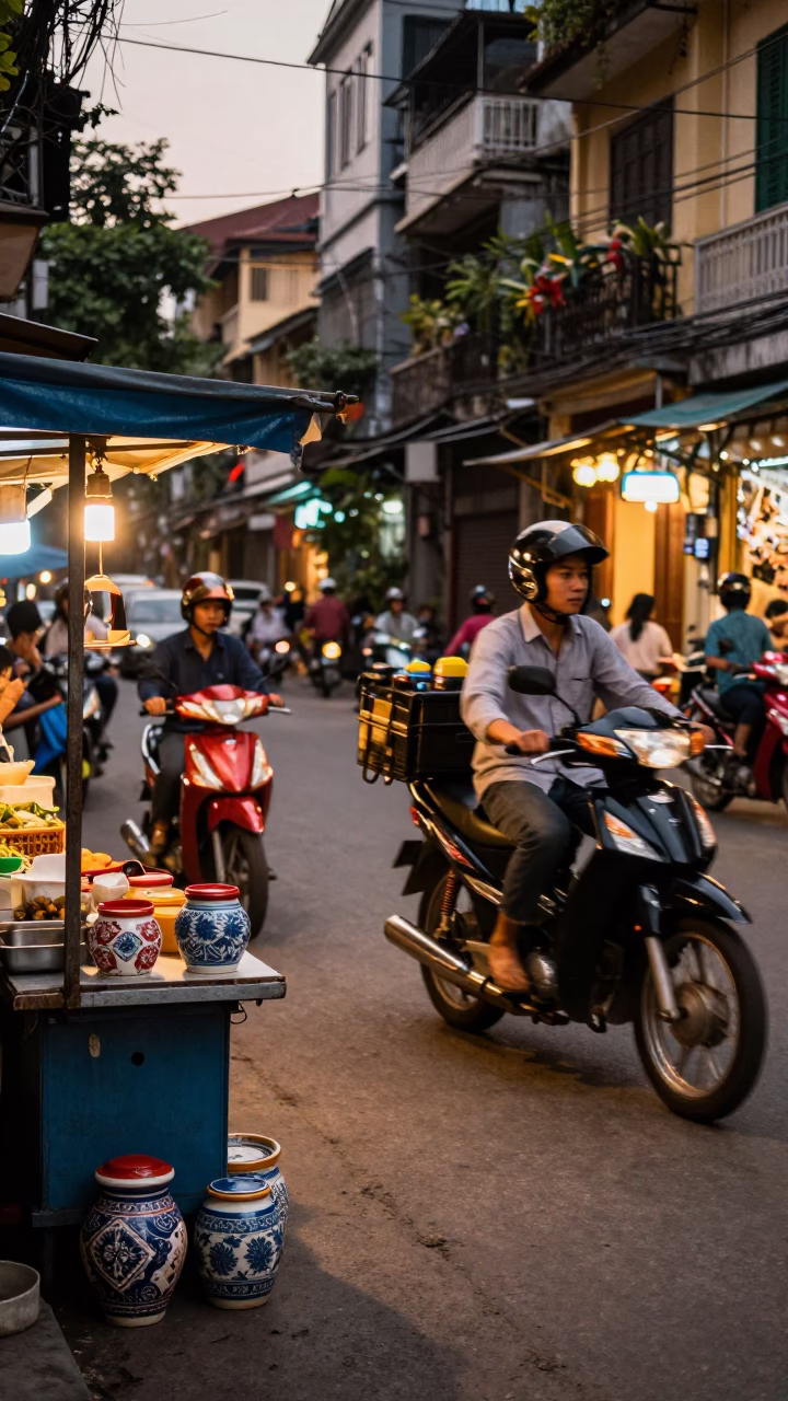 Hanoi Vietnam Street Scene Copper Dusk Light with Jar and Porcelain Plate in in Hanoi, Vietnam