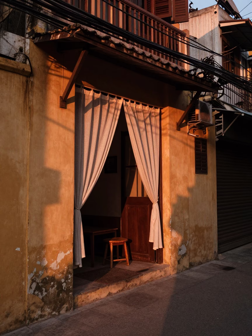 Hanoi Vietnam Street Scene Copper Dusk Light with Linen Curtains and Kitchen Stool in in Hanoi, Vietnam