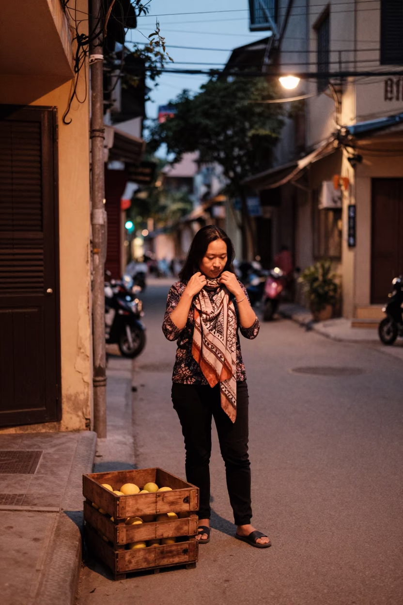 Hanoi Vietnam street scene copper dusk light woman with scarf and fruit crate in in Hanoi, Vietnam
