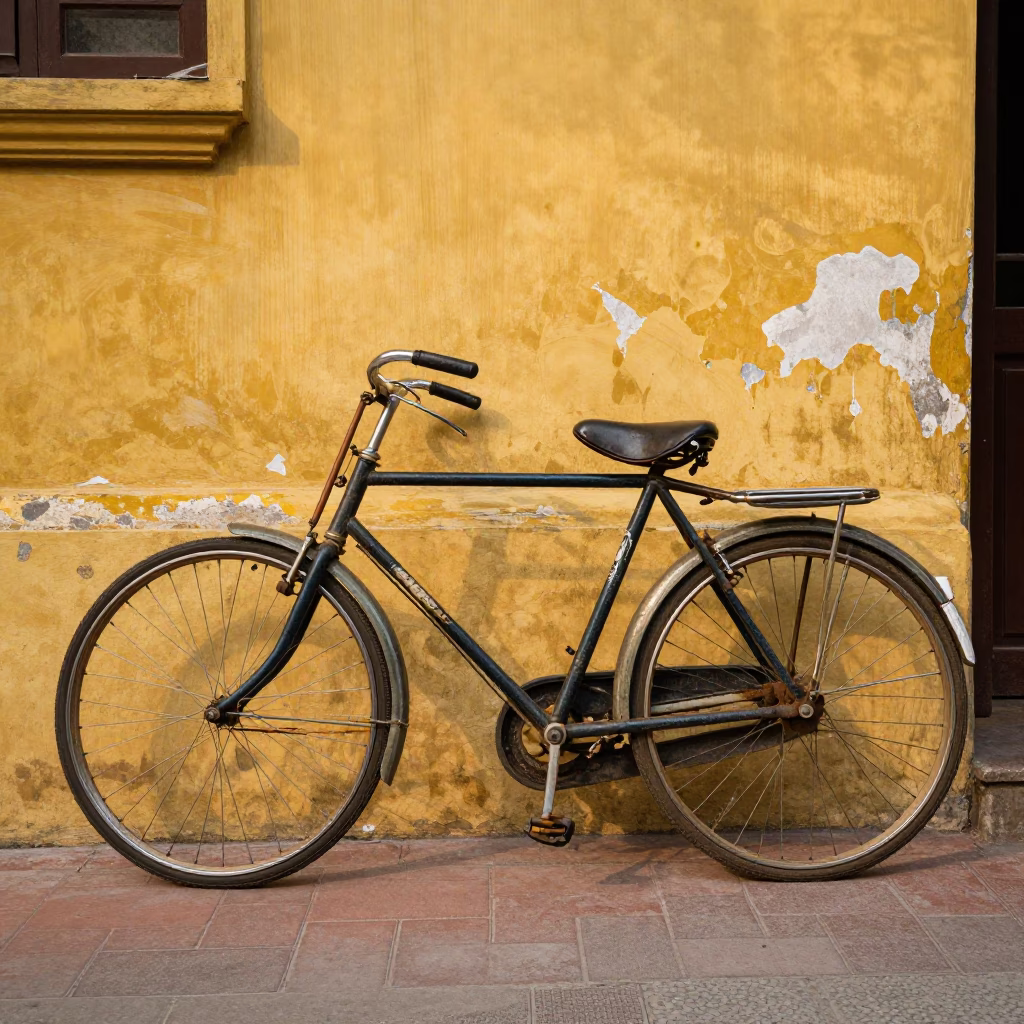 Hanoi Vietnam Street Scene Early Afternoon Vintage Bicycle and Terracotta Pot in in Hanoi, Vietnam