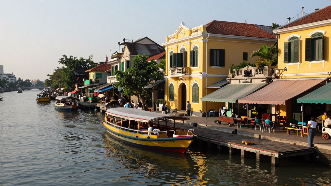 Hanoi Vietnam Street Scene Early Afternoon Water Taxi Dock Canal Barge and Local Life in in Hanoi, Vietnam