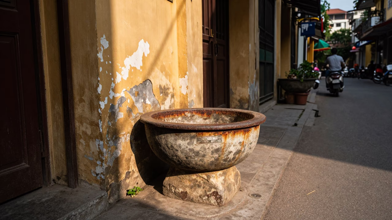 Hanoi Vietnam street scene early afternoon with rusted basin and hand mirror reflection in in Hanoi, Vietnam