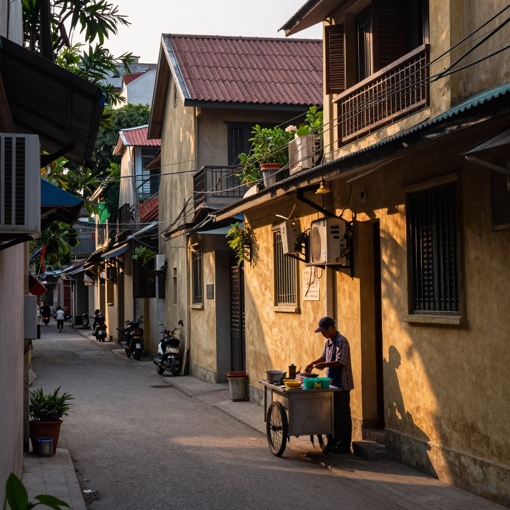 Hanoi Vietnam Street Scene Early Morning First Light with Tea Infuser Spoon in in Hanoi, Vietnam