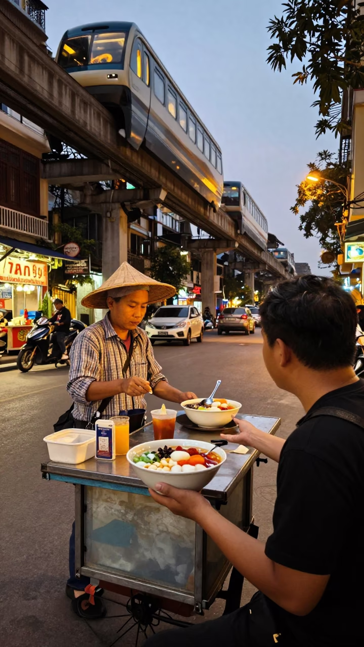 Hanoi Vietnam street scene evening light with monorail reflection and local food vendor in in Hanoi, Vietnam
