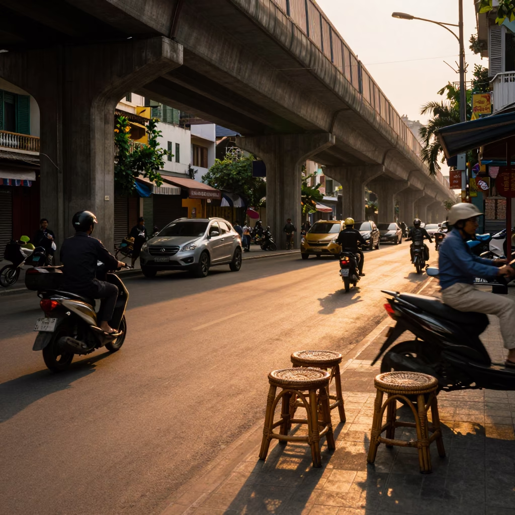 Hanoi Vietnam Street Scene Evening Light with Rattan Stools and Flyover Shadows in in Hanoi, Vietnam