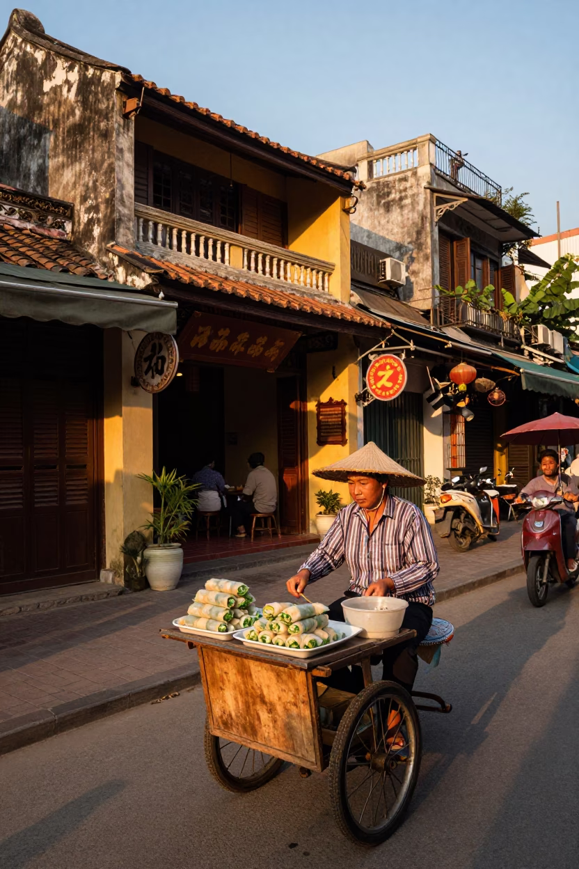 Hanoi Vietnam Street Scene Evening Light with Vendor Spring Rolls and Bonsai Display in in Hanoi, Vietnam