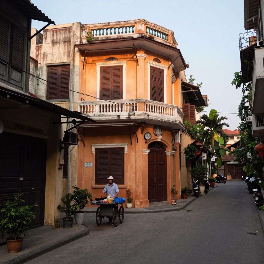 Hanoi Vietnam Street Scene First Light with Local Vendor and Traditional Elements in in Hanoi, Vietnam