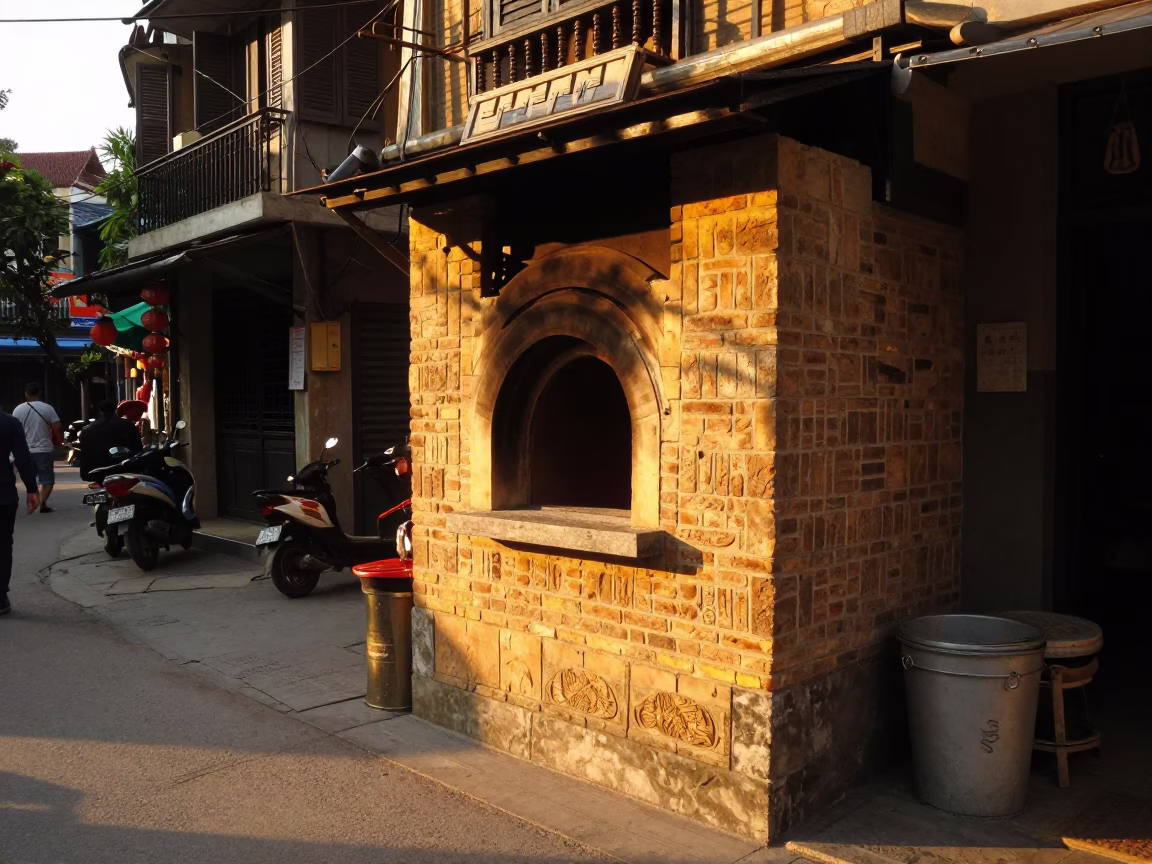 Hanoi Vietnam Street Scene Honeyed Evening Light Traditional Bread Oven and Local Life in in Hanoi, Vietnam