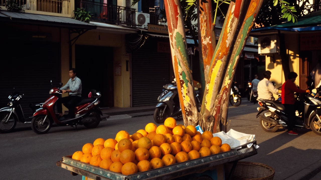 Hanoi Vietnam Street Scene Honeyed Evening Light with Oranges and Rain Eucalyptus in in Hanoi, Vietnam