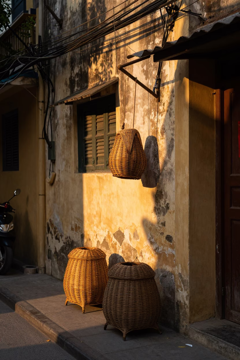 Hanoi Vietnam Street Scene in Honeyed Evening Light with Wicker Shadow on Plaster Wall in in Hanoi, Vietnam