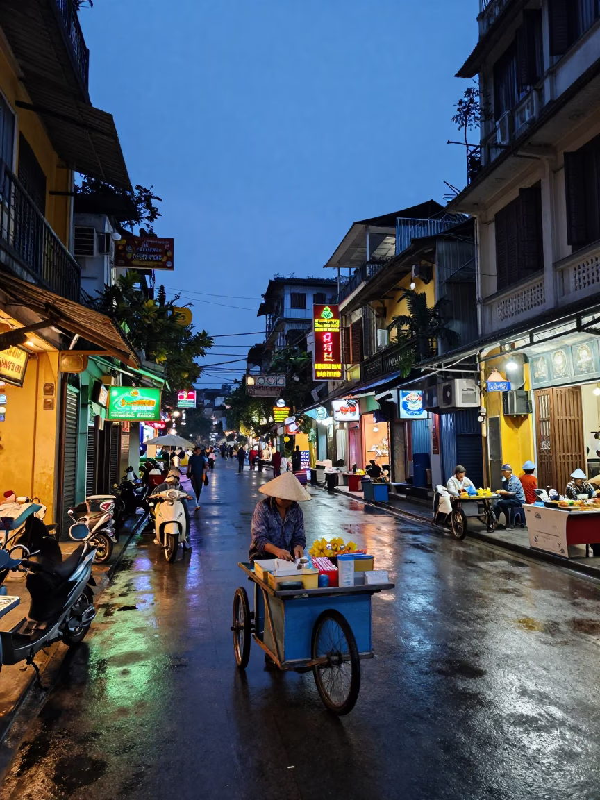 Hanoi Vietnam Street Scene Indigo Twilight with Straw Hat and Leaf Shadows in in Hanoi, Vietnam