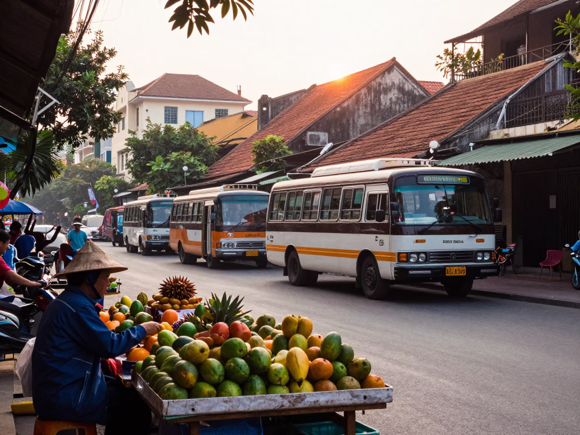 Hanoi Vietnam Street Scene Just After Sunrise with Fruit Stall and Classic Bus in in Hanoi, Vietnam