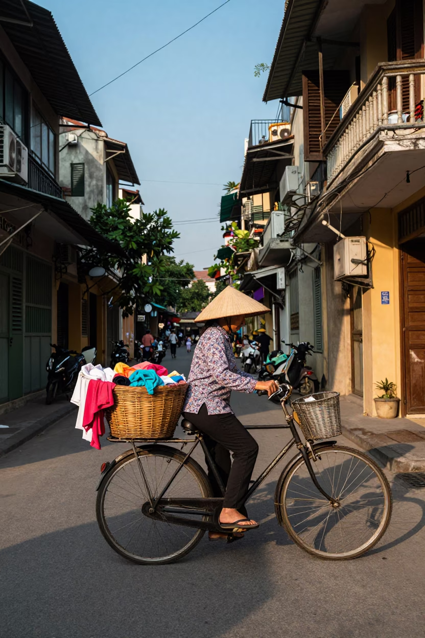 Hanoi Vietnam Street Scene Late Afternoon Laundry Basket on Bicycle in in Hanoi, Vietnam