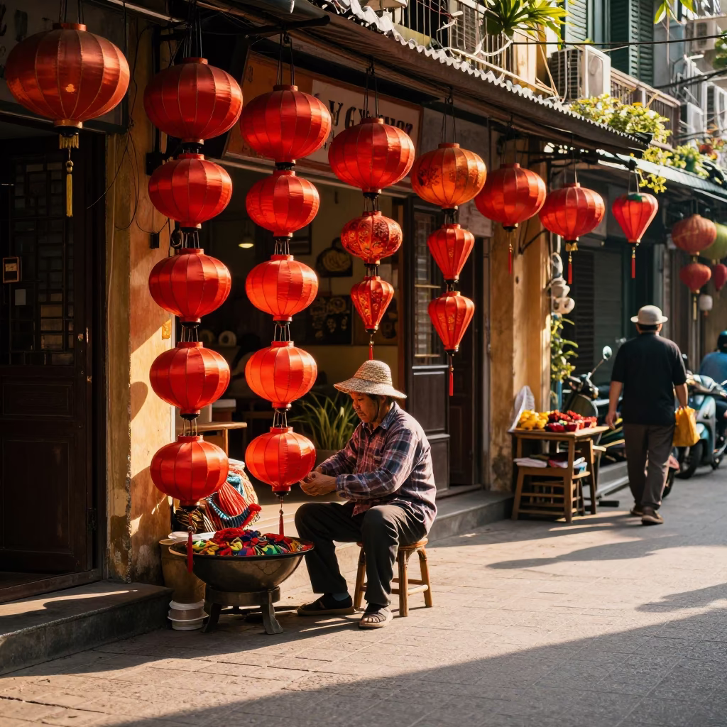 Hanoi Vietnam Street Scene Late Afternoon Light with Lantern and Vintage Photography in in Hanoi, Vietnam