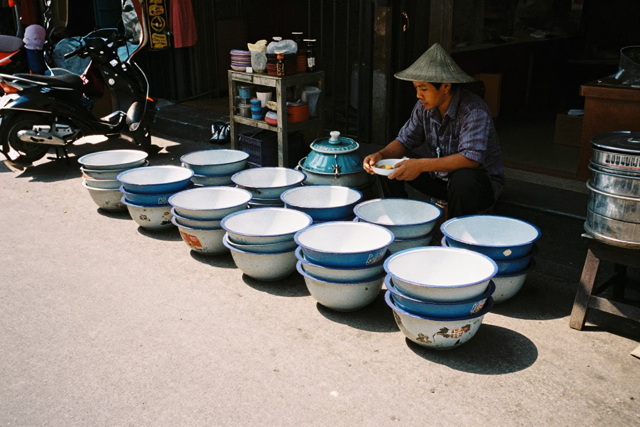 Hanoi Vietnam Street Scene Midday Enamel Bowls and Local Market Vendor in in Hanoi, Vietnam