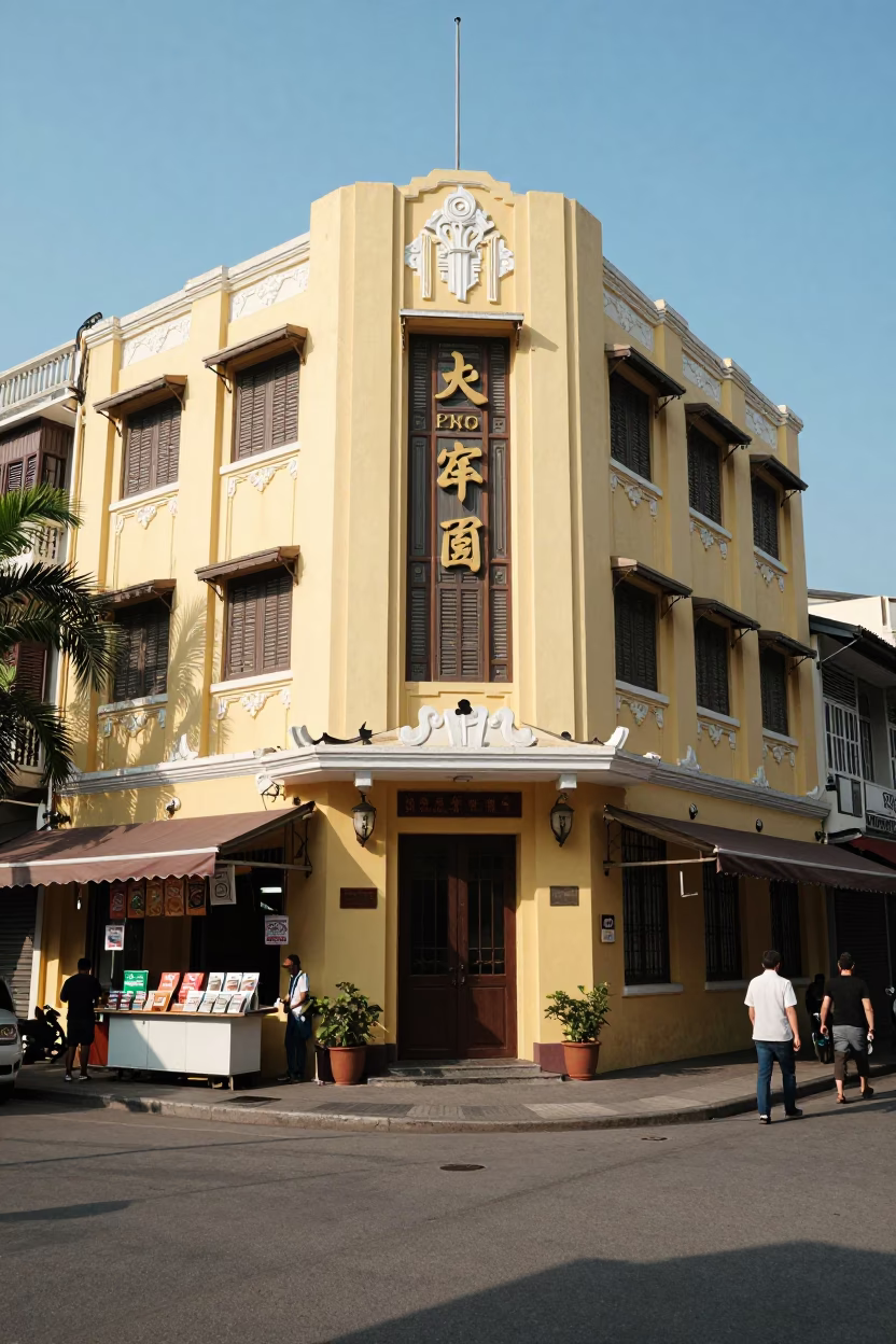 Hanoi Vietnam Street Scene Midmorning Light Art Deco Hotel Facade and Local Commerce in in Hanoi, Vietnam