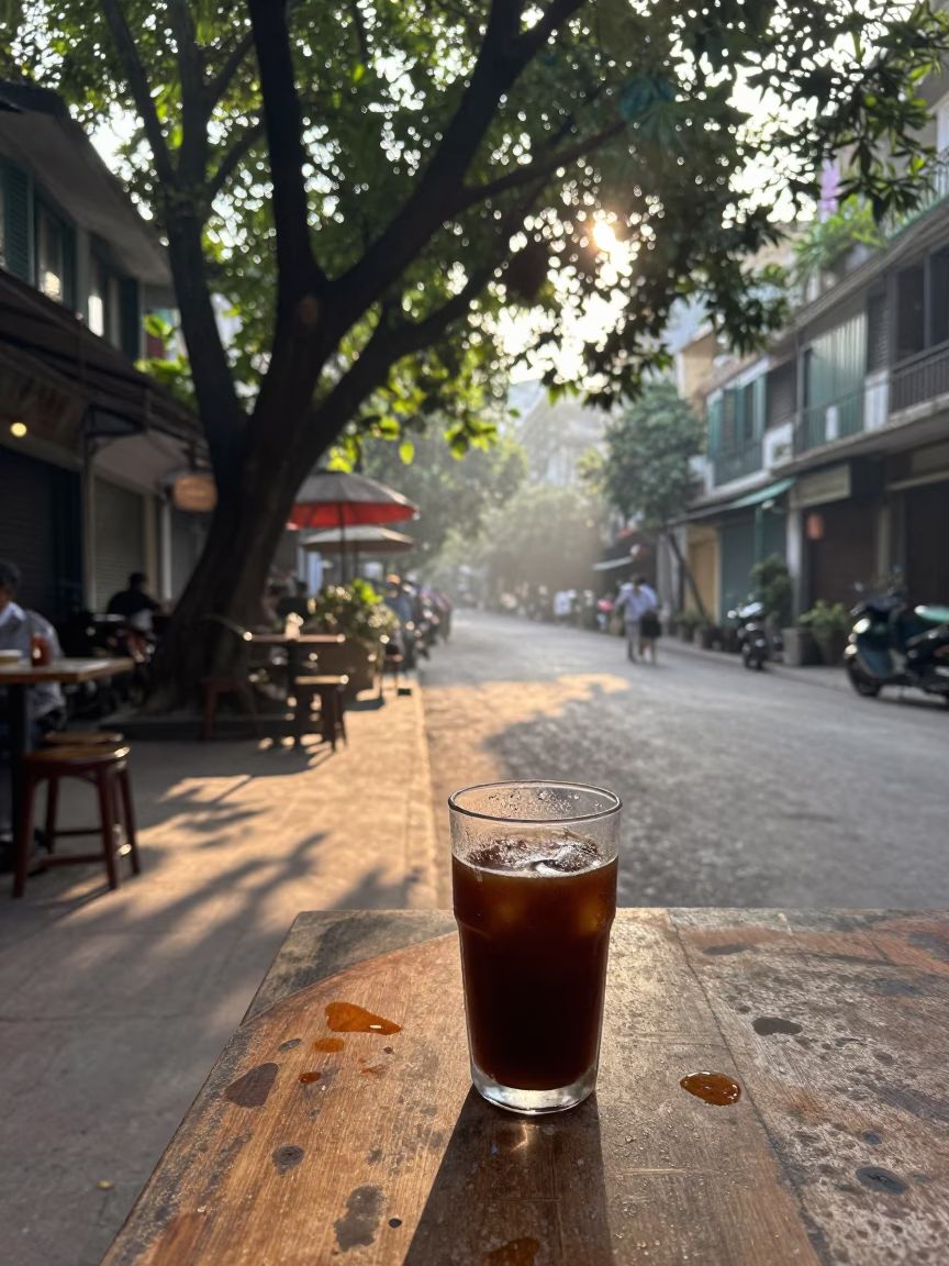 Hanoi Vietnam Street Scene Morning Light Condensation and Tea Stains in in Hanoi, Vietnam