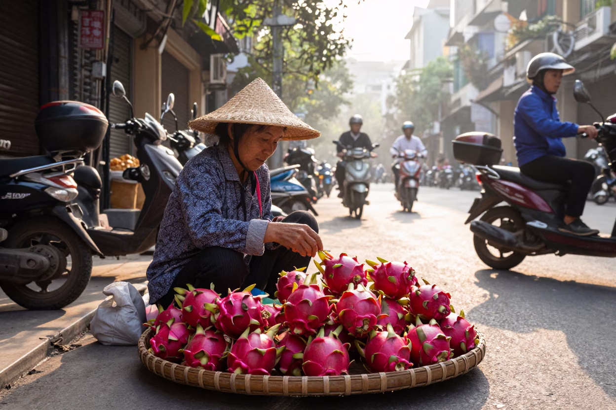 Hanoi Vietnam Street Scene Morning Light with Dragon Fruit Vendor and Old Trolley in in Hanoi, Vietnam