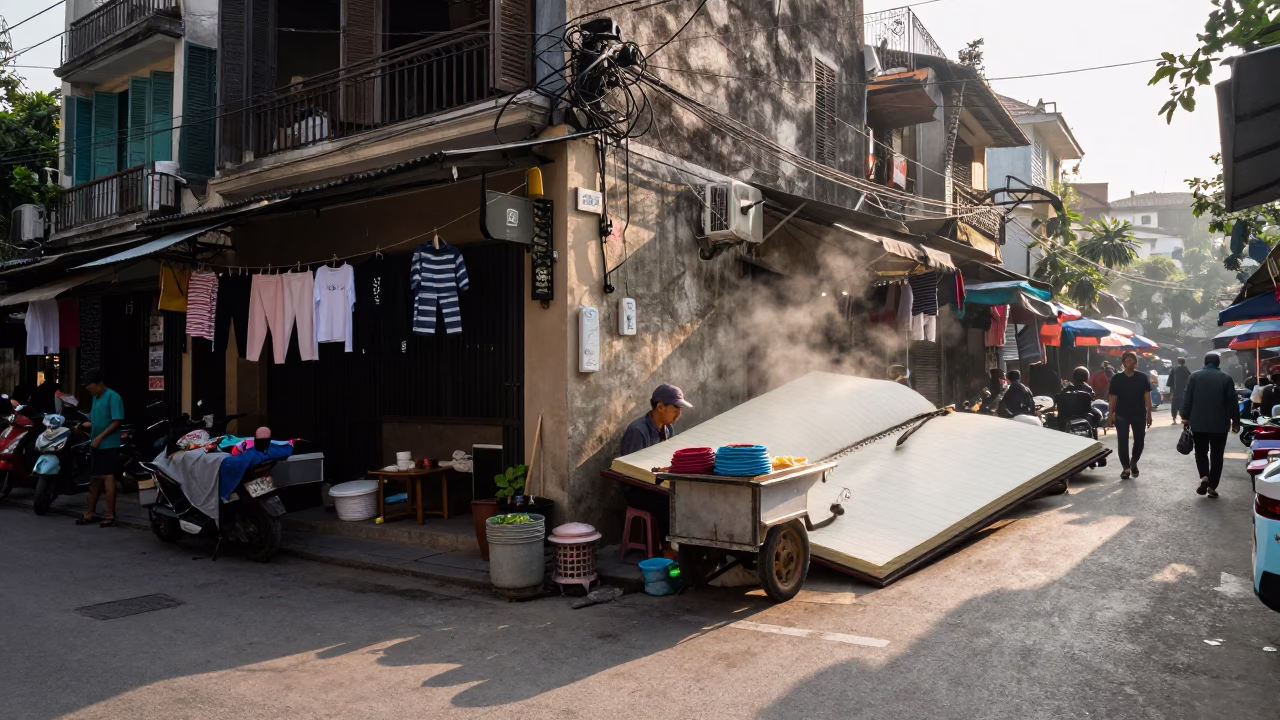 Hanoi Vietnam Street Scene Morning Market with Notebook and Condensation in in Hanoi, Vietnam