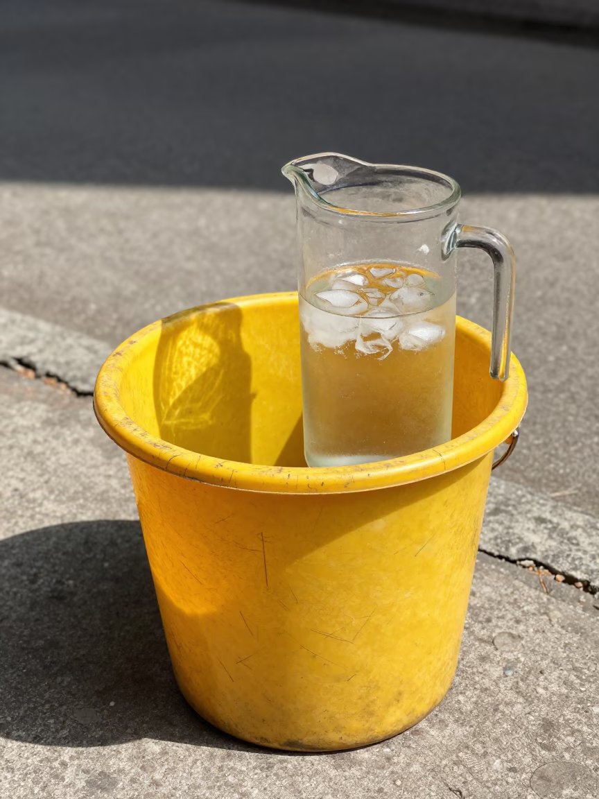 Hanoi Vietnam street scene noon light yellow bucket and glass pitcher in in Hanoi, Vietnam