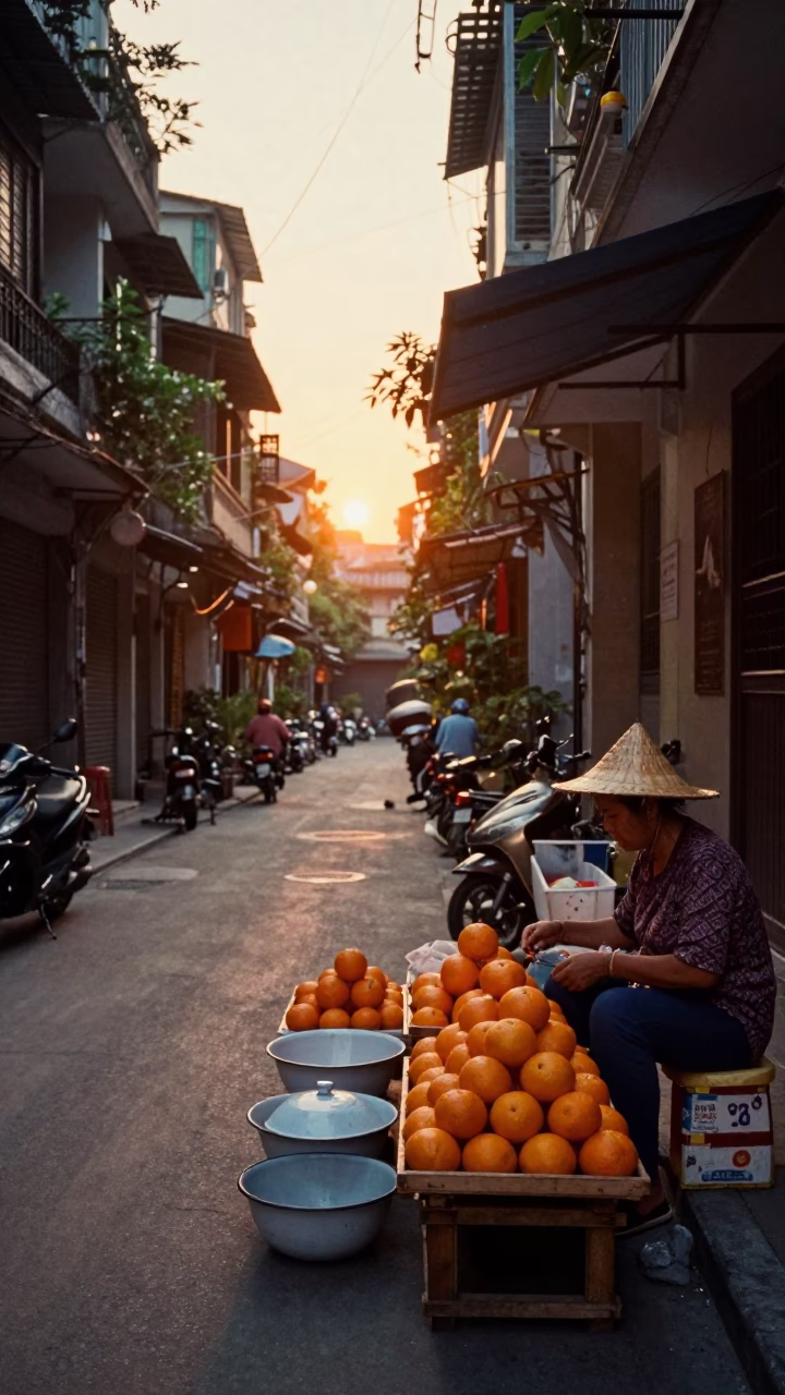 Hanoi Vietnam Street Scene with Enamel Bowls and Oranges at Sunset in in Hanoi, Vietnam