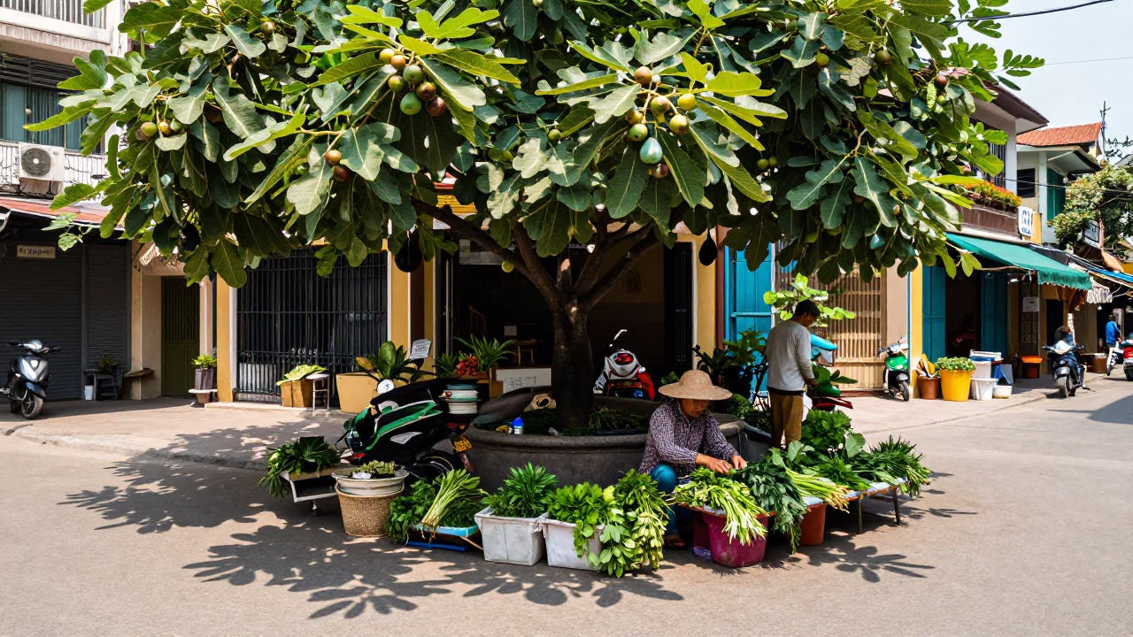 Hanoi Vietnam street scene with fig tree fruit and herb vendor under noon glare in in Hanoi, Vietnam
