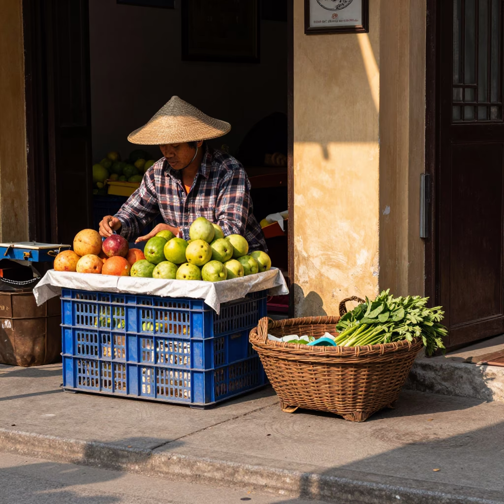 Hanoi Vietnam Street Scene with Fruit Crate and Wicker Basket in Early Afternoon in in Hanoi, Vietnam