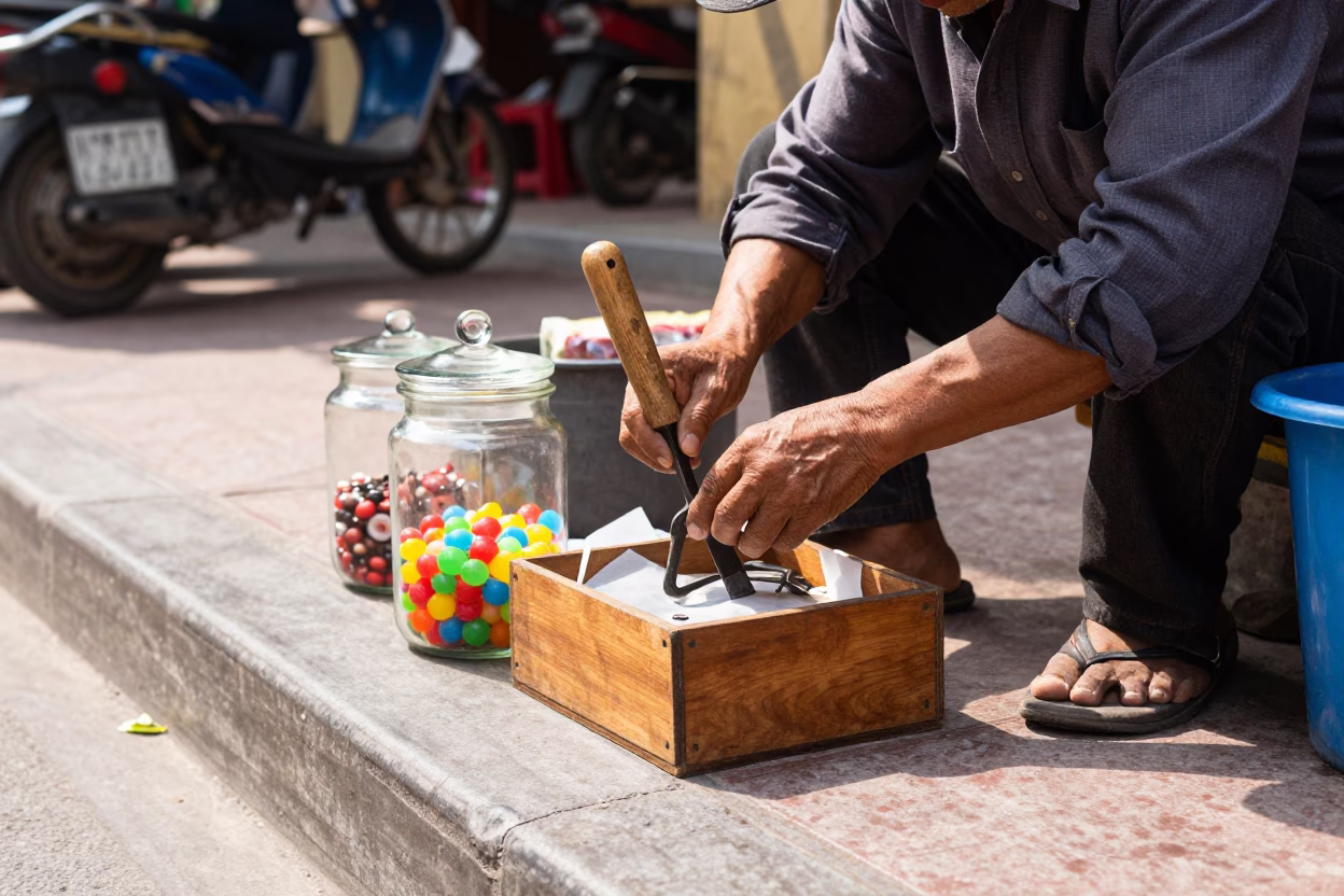 Hanoi Vietnam street scene with glass jar and awl in bright midmorning light in in Hanoi, Vietnam