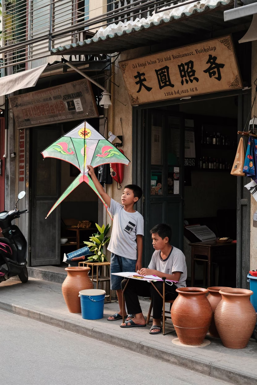 Hanoi Vietnam Street Scene with Kite Maker and Terracotta Pots in in Hanoi, Vietnam