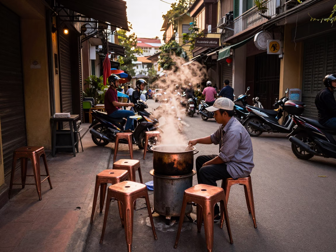 Hanoi Vietnam Street Scene with Metal Stools in Copper Toned Light Before Dusk in in Hanoi, Vietnam