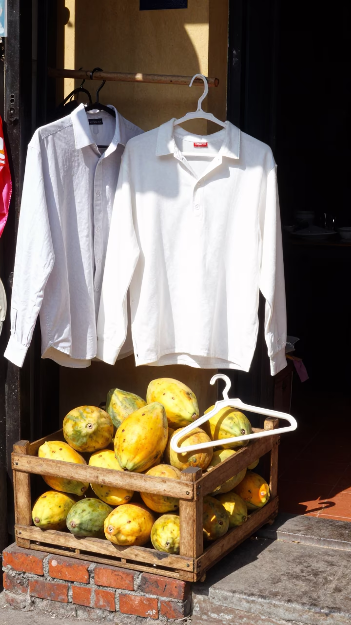 Hanoi Vietnam Street Scene with Papayas and Shirt Hanger in Bright Midmorning Light in in Hanoi, Vietnam