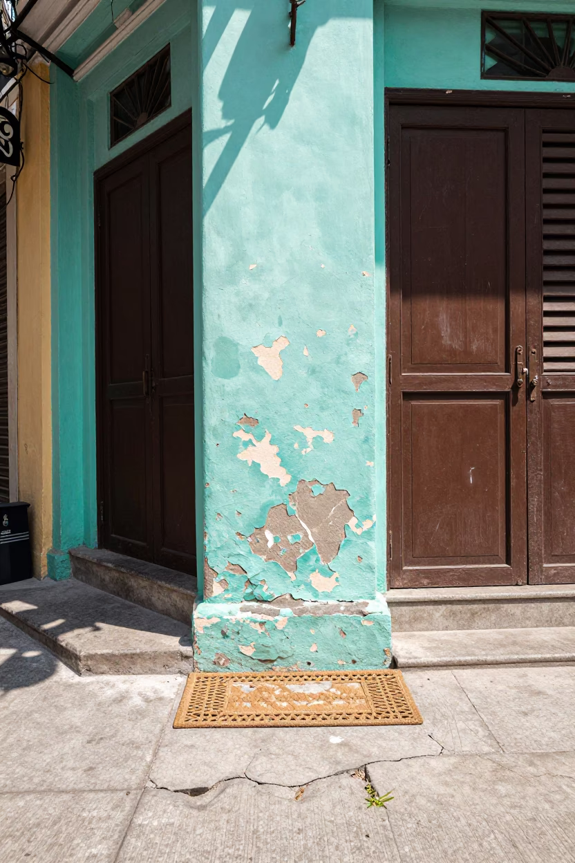 Hanoi Vietnam Street Scene with Peeling Turquoise Paint and Vintage 1980s Ambience in in Hanoi, Vietnam