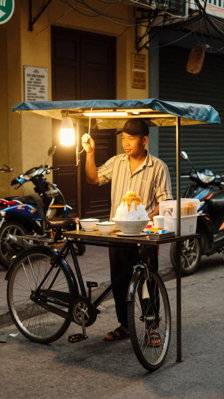 Hanoi Vietnam street scene with shaved ice and bicycle rack in evening light in in Hanoi, Vietnam