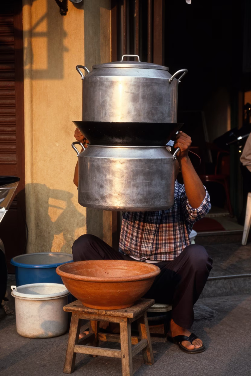 Hanoi Vietnam street scene with terracotta bowl and cooking pot in honeyed evening light in in Hanoi, Vietnam