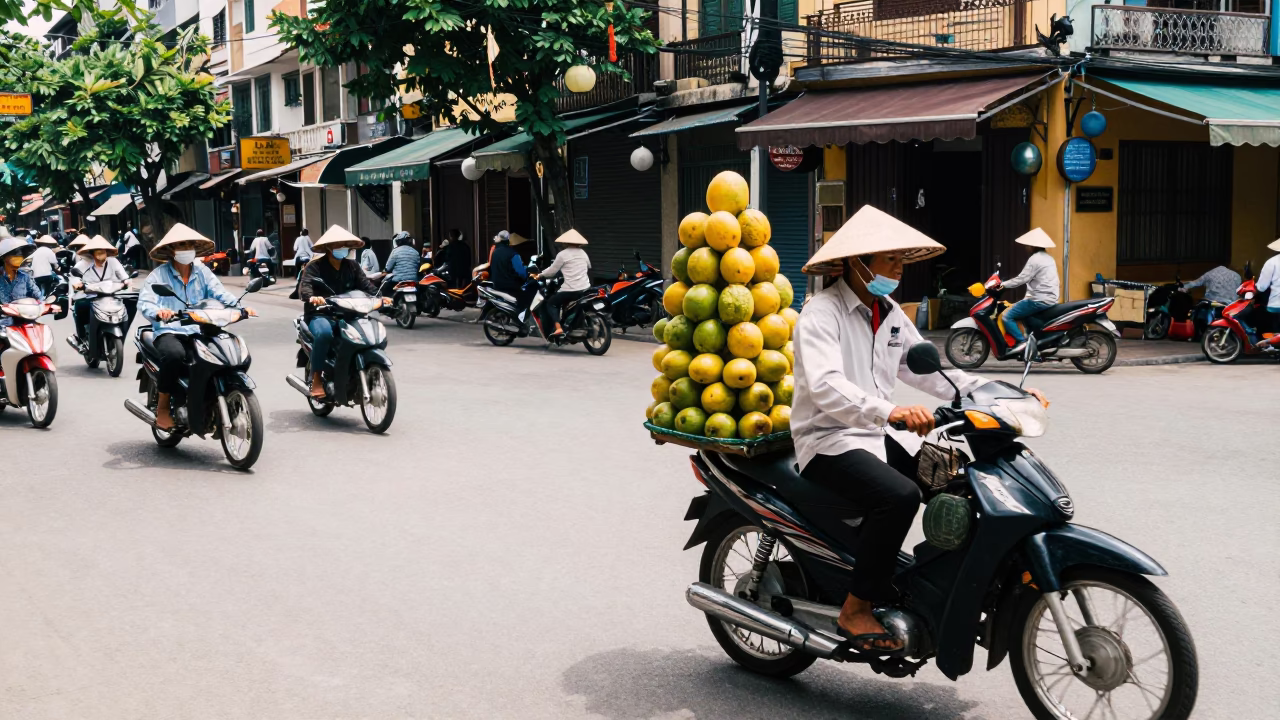 Hanoi Vietnam street scene with traditional conical hats and motorbikes in bright midmorning light in in Hanoi, Vietnam