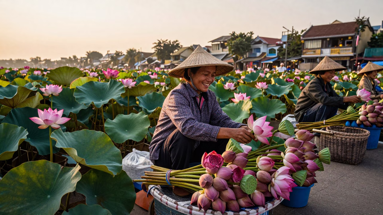 Hanoi Vietnam Street Vendor Golden Hour Lotus Field Background in in Hanoi, Vietnam