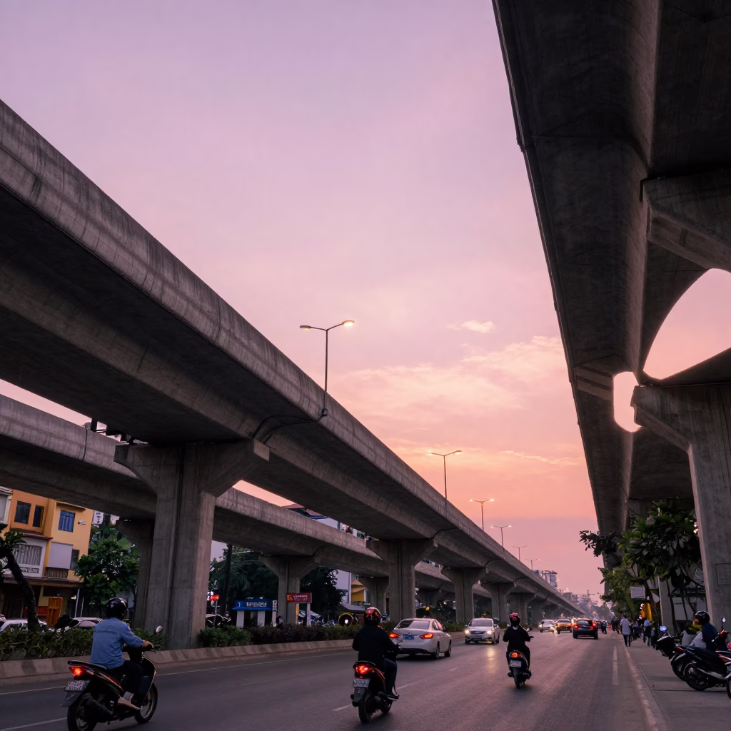 Hanoi Vietnam Sunset Highway Flyover Pink Sky Street Scene in in Hanoi, Vietnam