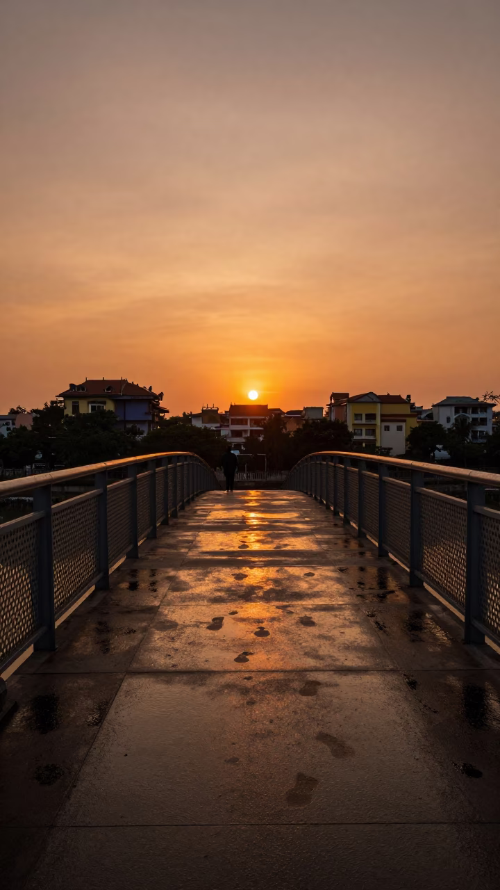 Hanoi Vietnam Sunset Pedestrian Overpass Perforated Metal and Wet Footsteps City Life in in Hanoi, Vietnam