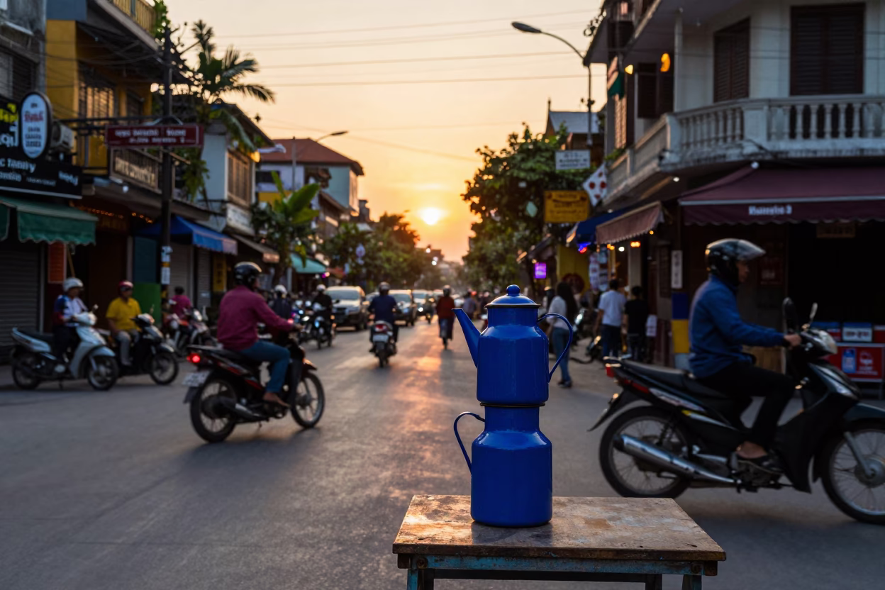 Hanoi Vietnam Sunset Street Scene with Enamel Pitcher and Local Life in in Hanoi, Vietnam