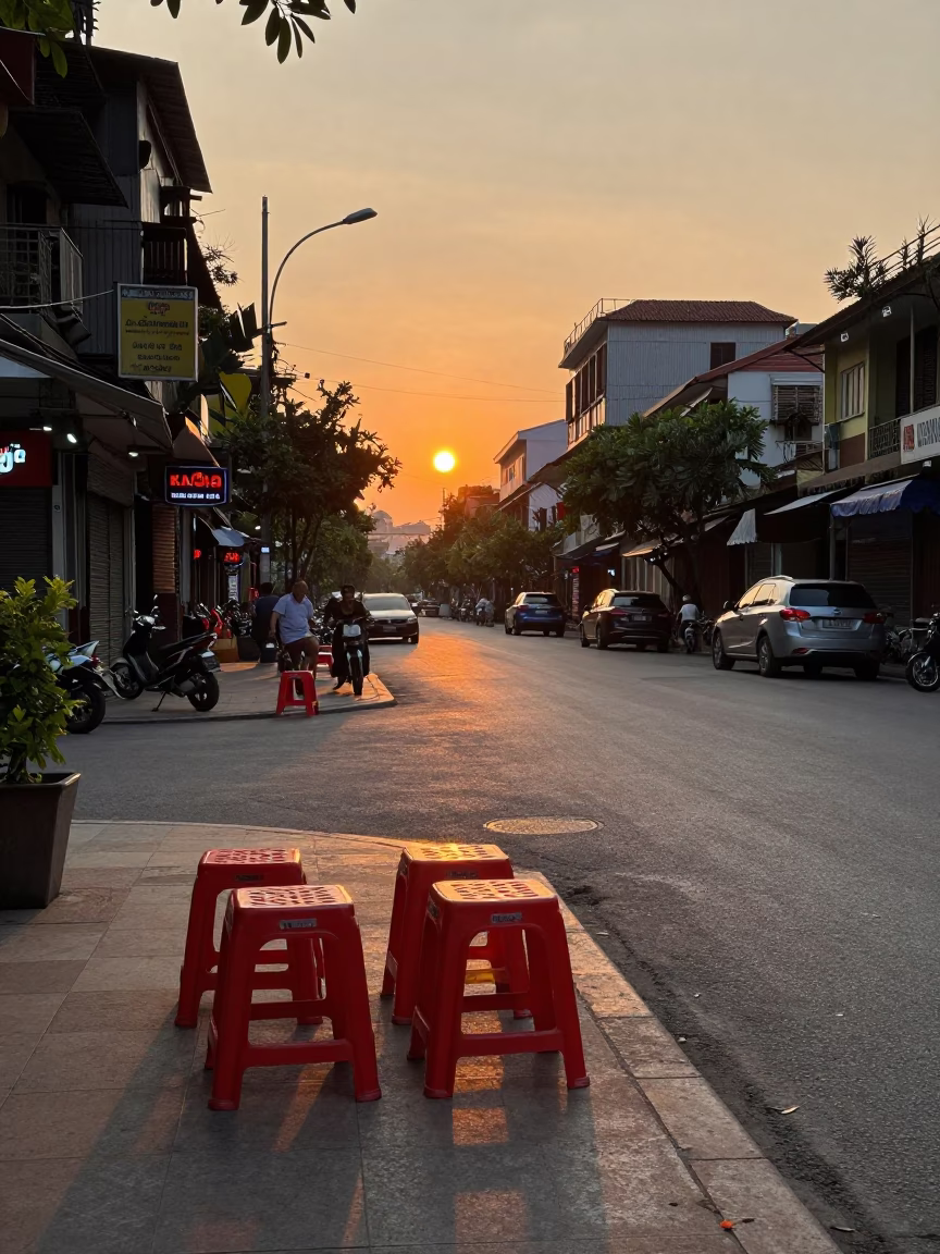 Hanoi Vietnam Sunset Street Scene with Folding Stools and Evening Traffic in in Hanoi, Vietnam