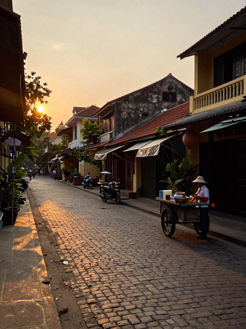 Hanoi Vietnam Sunset Street Scene with Hoe and Cobblestone Detail in in Hanoi, Vietnam