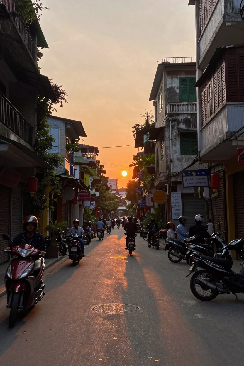 Hanoi Vietnam Sunset Street Scene with Motorbike and Local Life in in Hanoi, Vietnam