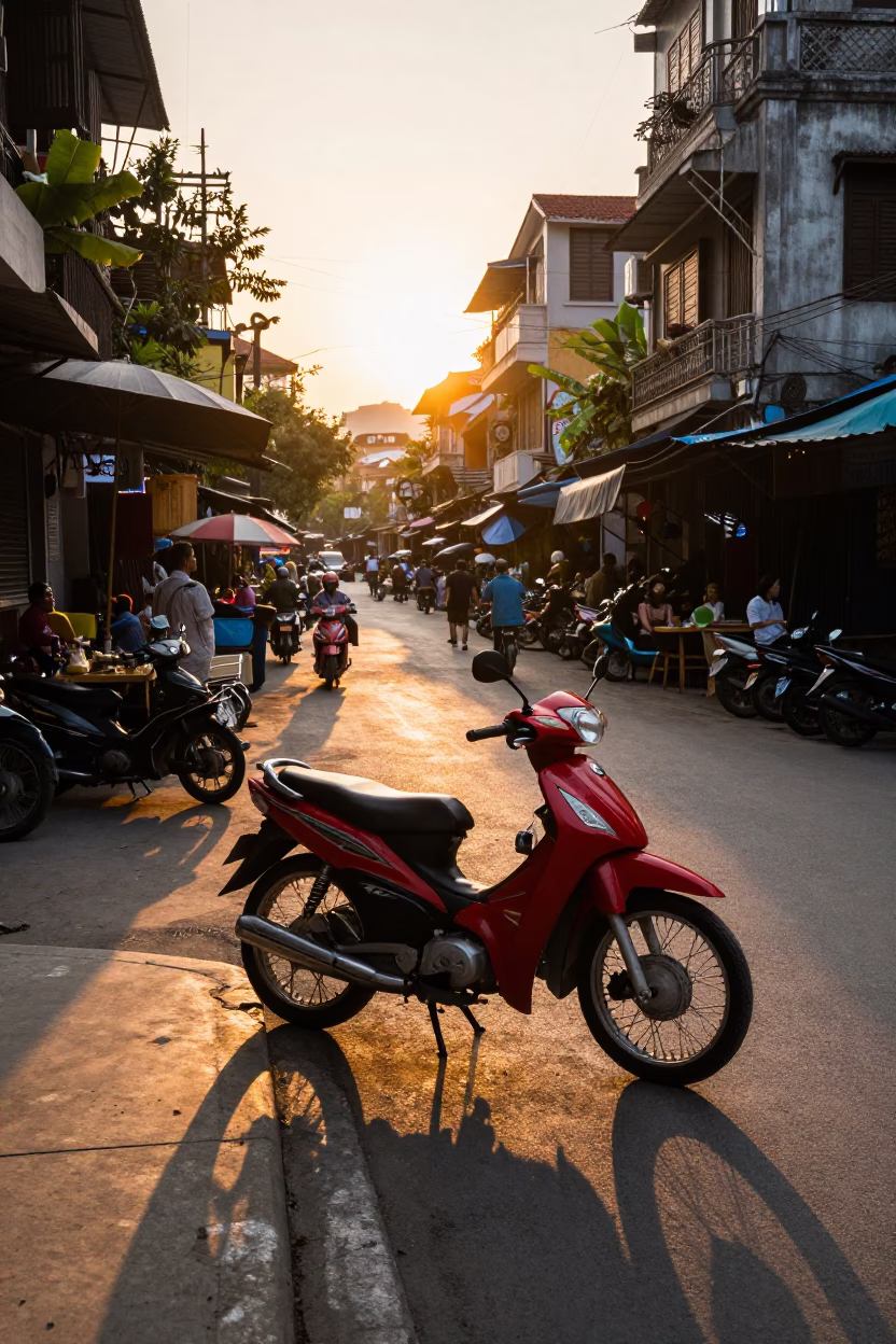 Hanoi Vietnam Sunset Street Scene with Motorbike and Local Market Activity in in Hanoi, Vietnam