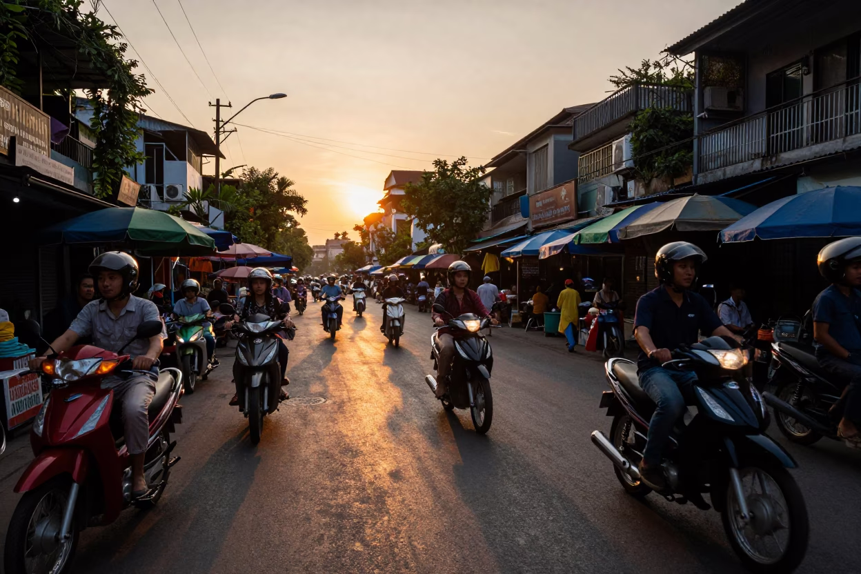 Hanoi Vietnam Sunset Street Scene with Motorbikes and Local Market Activity in in Hanoi, Vietnam