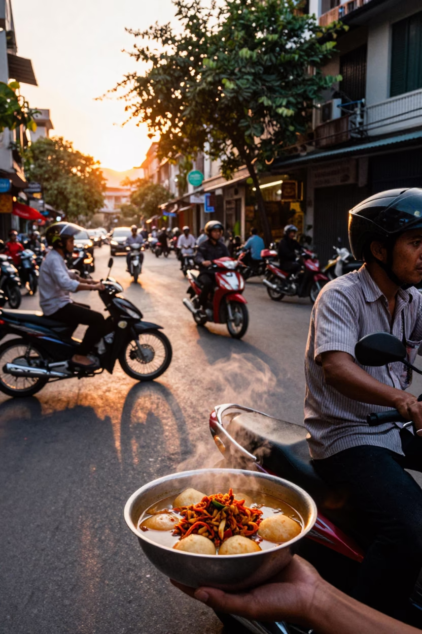 Hanoi Vietnam Sunset Street Scene with Motorbikes and Spicy Soup Vendor in in Hanoi, Vietnam