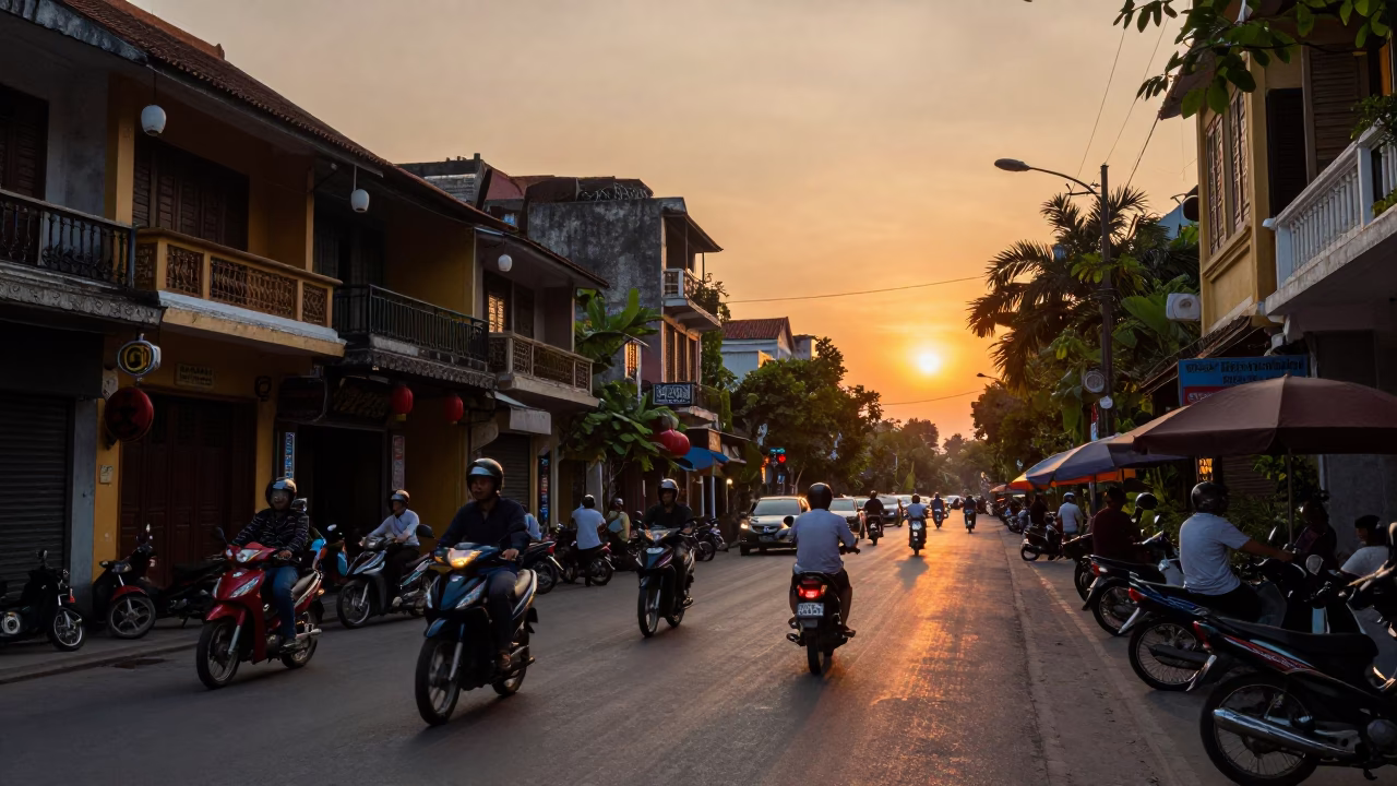 Hanoi Vietnam Sunset Street Scene with Motorbikes and Traditional Architecture in in Hanoi, Vietnam
